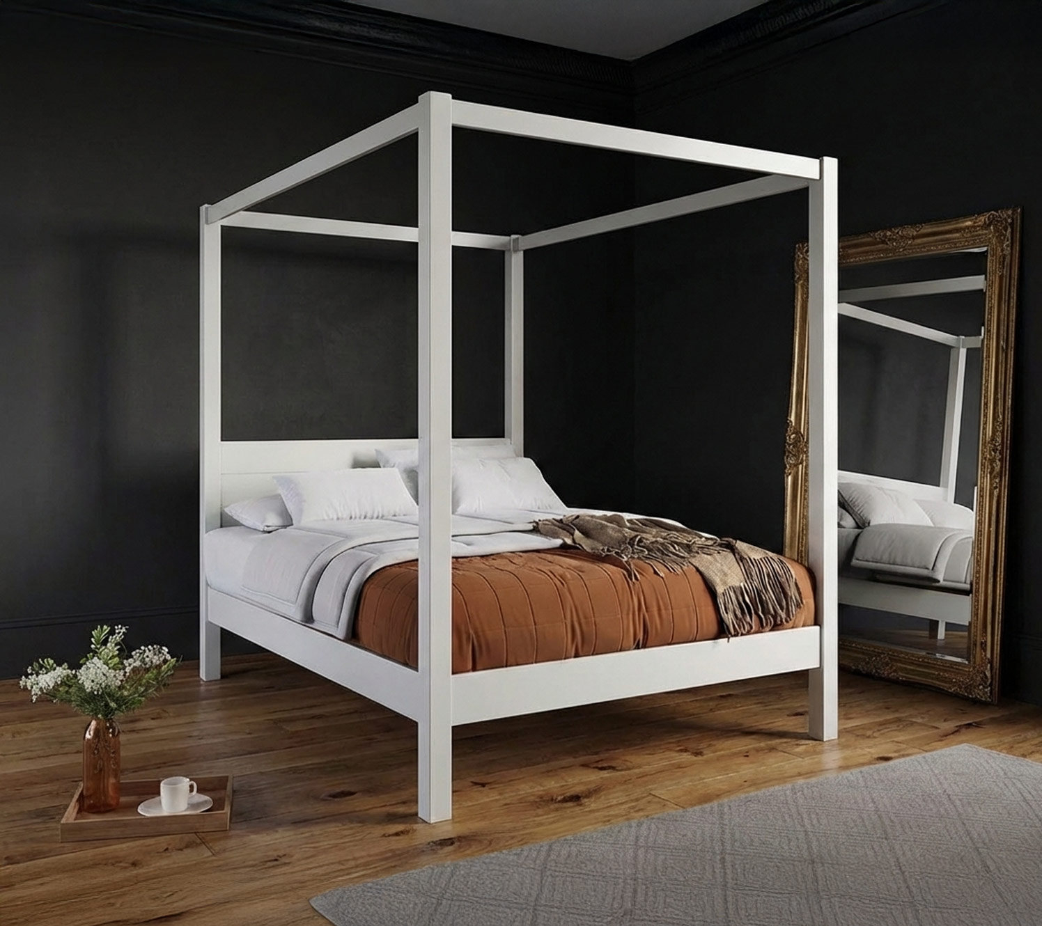 Espejos dorados en dormitorio dorado y negro