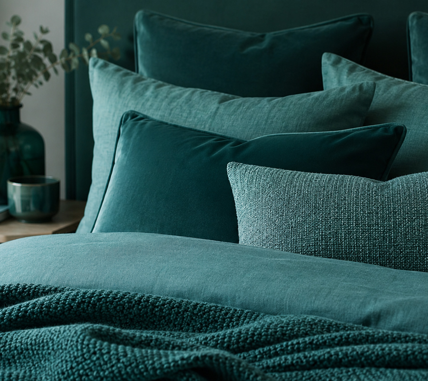 decoración de dormitorio en verde azulado Confort tonal