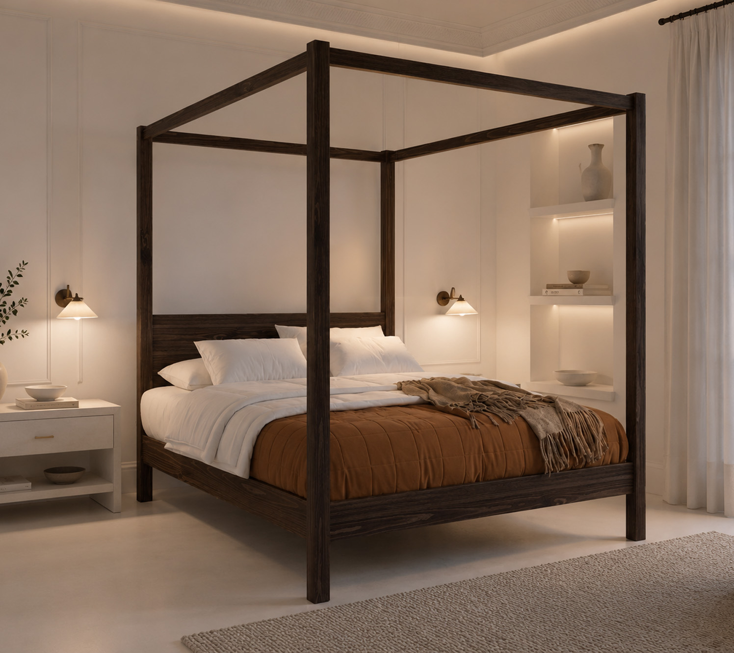 estilo de dormitorio blanco, iluminación por capas